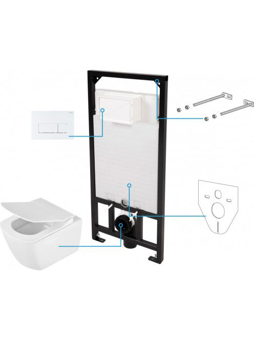 Deante Anemon 6 az 1 ben fehér perem nélküli WC, rejtett szerelvénnyel, fehér nyomólappal, vékonyított ülőkével CDZA6ZPW