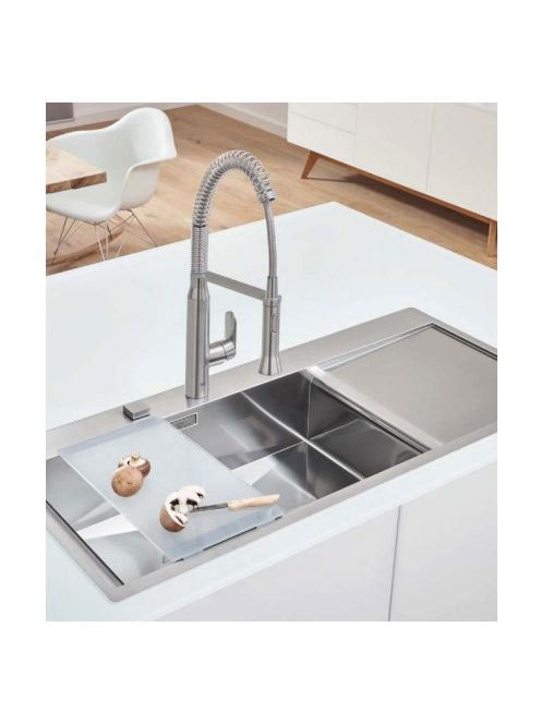 Grohe K1000 Rozsdamentes acél mosogatótálca 1160x520 csepegtetővel, balos/szatén 31581SD1