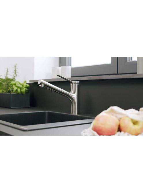 Hansgrohe Zesis M33 konyhai csaptelep 140, kihúzható fejjel és sBox light, rozsdamentes acél hatású 74803800