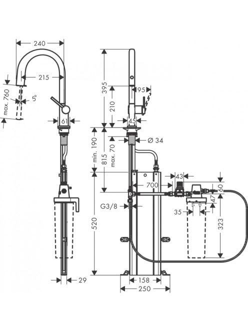 Hansgrohe Aqittura M91 Vízszűrős konyhai csaptelep 210, kihúzható zuhanyfejjel és sBox szereléssel, rozsdamentes acél hatású 76826800