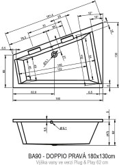 Riho Doppio Plug & Play Jobb aszimmetrikus kád 180x130 cm